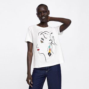 Zara Printed Tee with Beaded Applique XL NWT